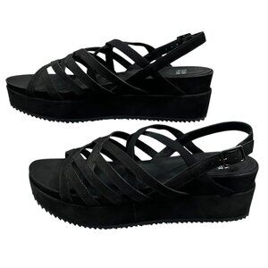 Eileen Fisher Mazy Black Leather Wedge Slingback Sandals Size 9